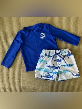 Carter's Royal Blue Rash Guard with White Shark-Print Swim Shorts Size 6 Months